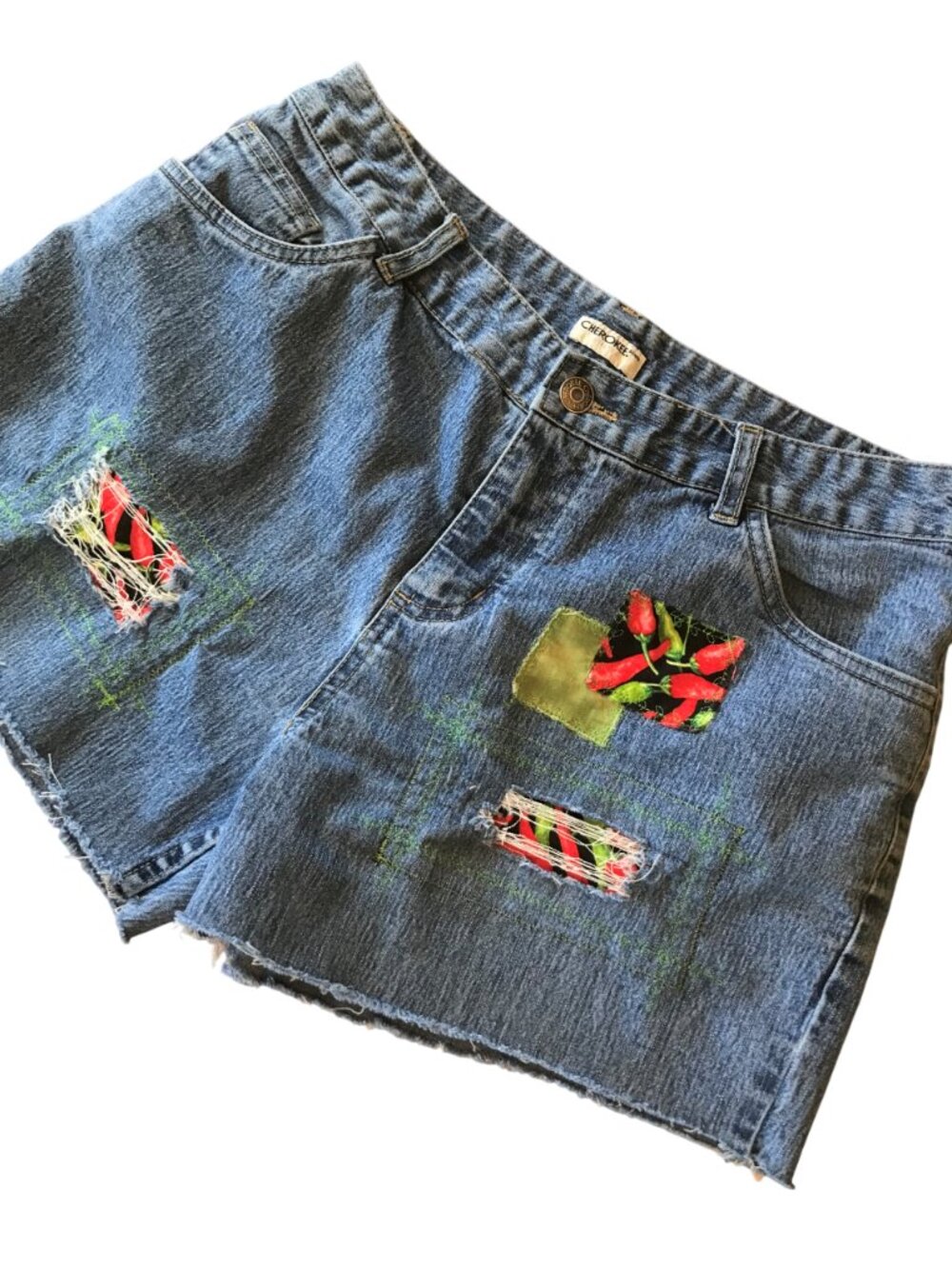 Upcycled Denim Ripped Jean Cutoff Shorts, Chili Peppers Theme, Women’s Size 6